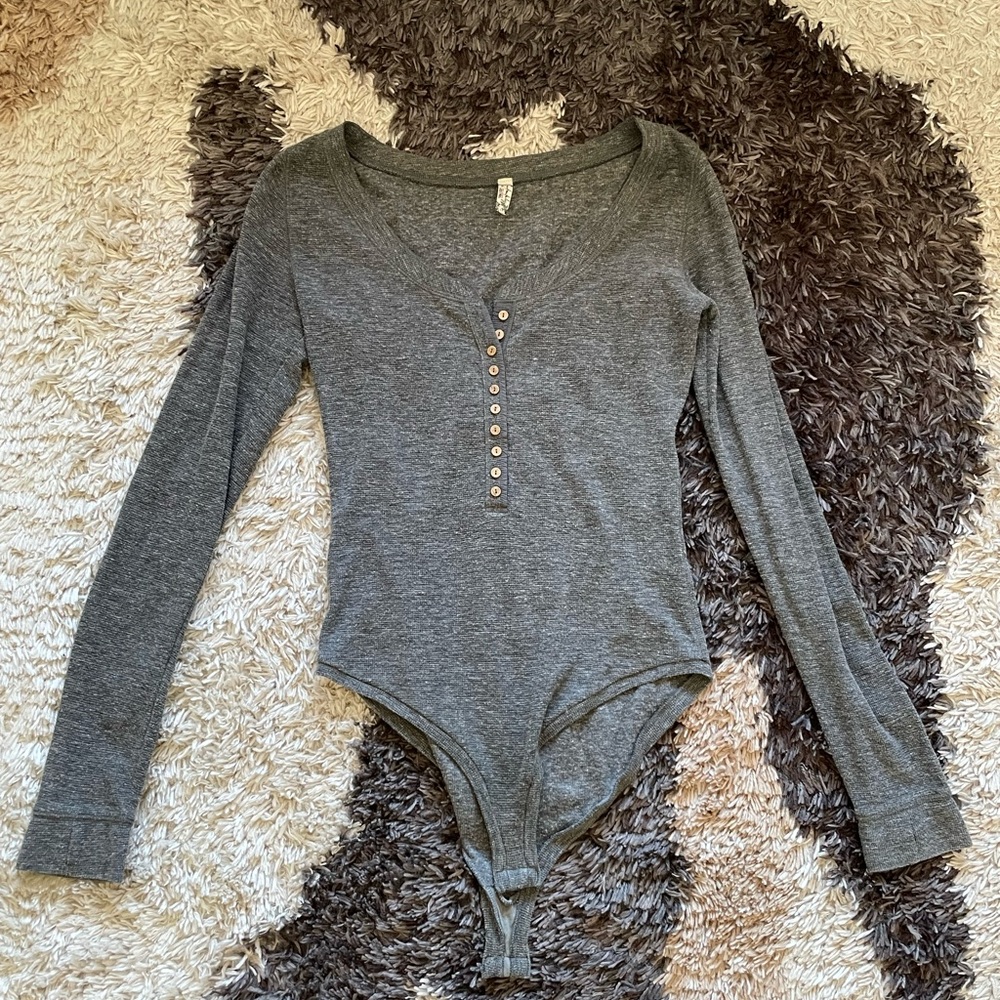 Free People Gray Long Sleeve Bodysuit